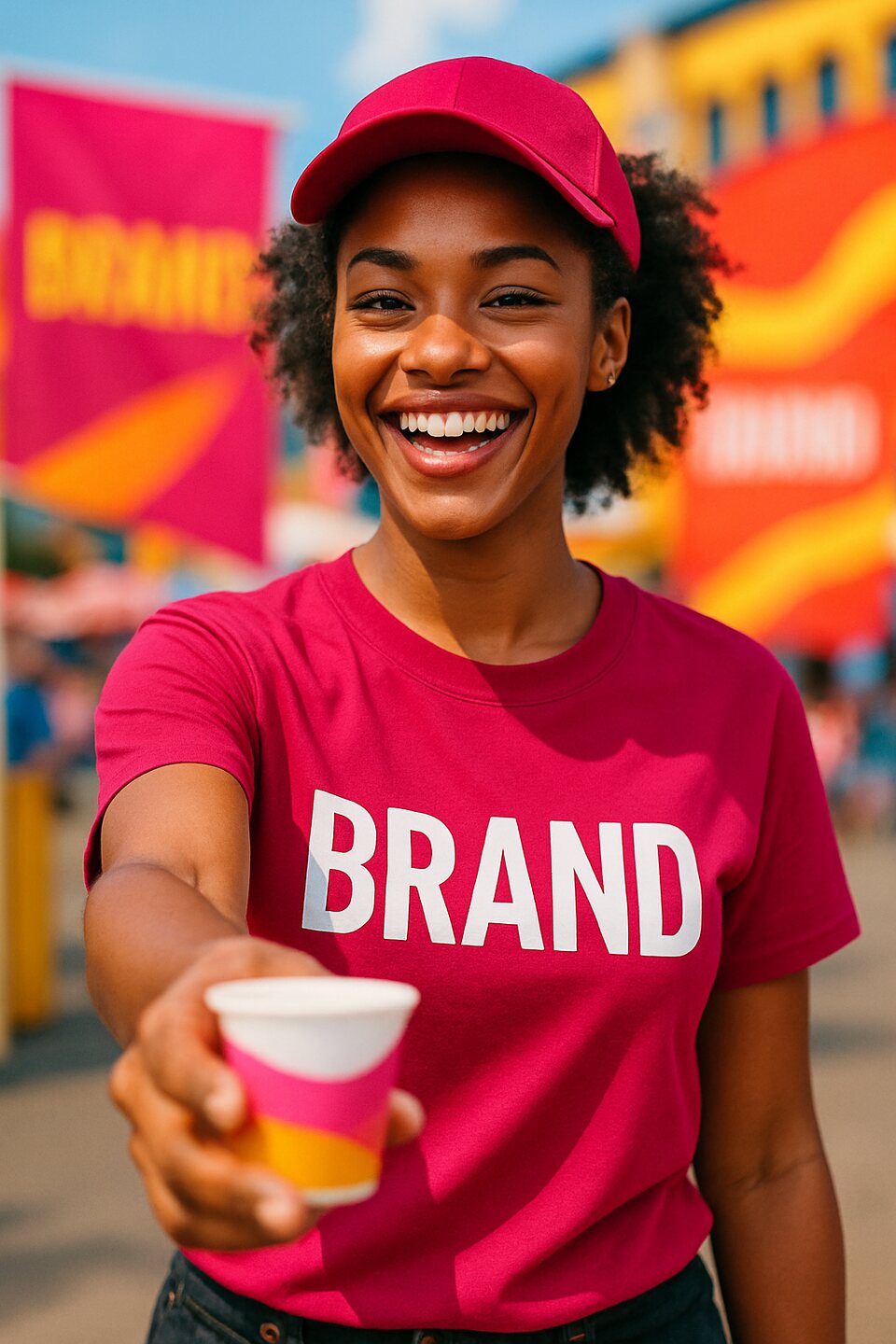 Promoterin verteilt strahlend Produktproben auf einem Event